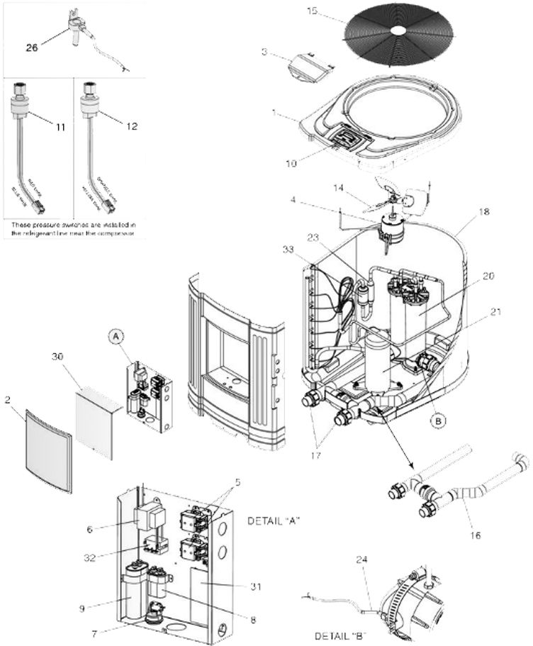 Jandy Air-Energy Titanium Heat Pump 120K BTU | 6.3 COP | 230V 60Hz 3 Phase | Digital | EE2500T-263 Parts Schematic