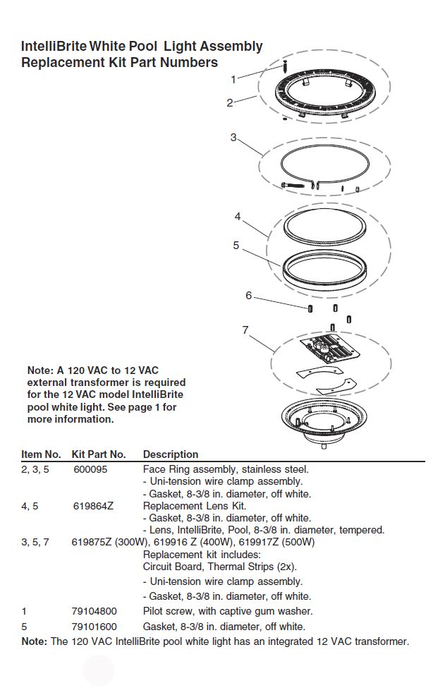 Pentair Intellibrite 5G WHITE Pool Light for Inground Pools | 120V LED 300W 30' Cord | 601100 Parts Schematic