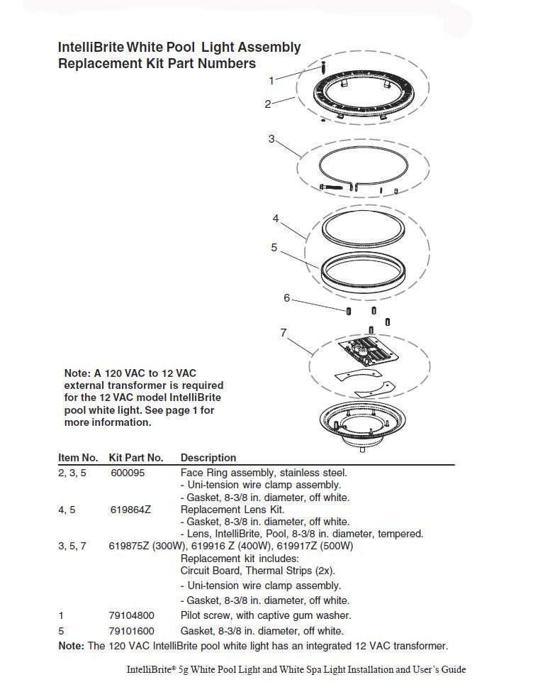 Pentair Intellibrite 5G WHITE Spa Light | 12V LED 100W 150' Cord | 640084 640153 Parts Schematic