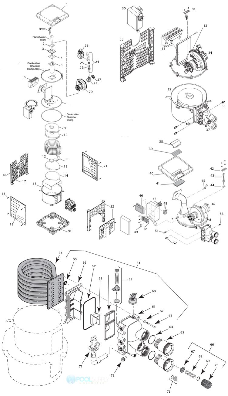 Pentair MasterTemp Low NOx Heater - Electronic Ignition - HD Cupro Nickel - Natural Gas - 400K BTU ASME - 461021 Parts Schematic