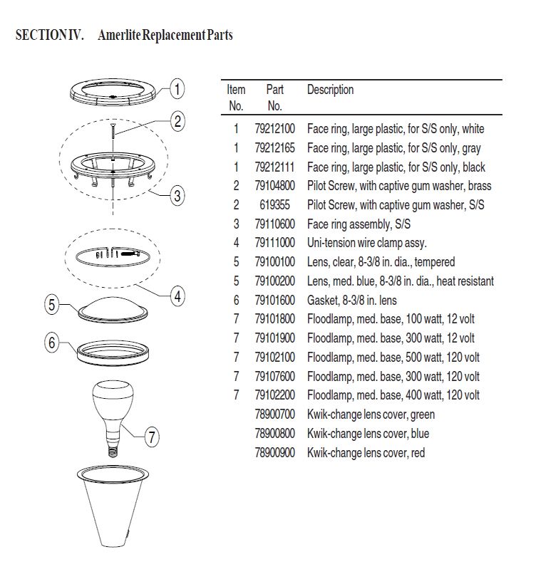 Pentair Amerlite Pool Light for Inground Pools w/ Stainless Steel Facering | 400W, 120V, 100' Cord | 78949100 Parts Schematic