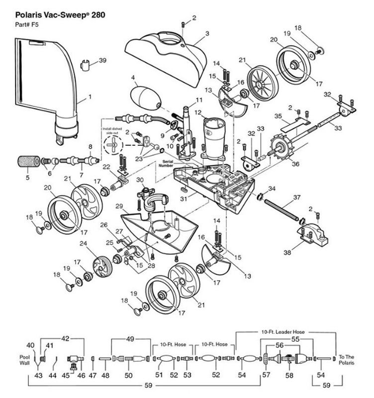 Polaris 280 Automatic Pool Cleaner - Includes Hose & Back-up Valve - VINYL Model - F5T Parts Schematic